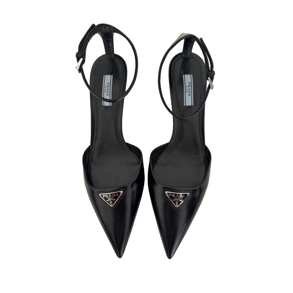 Prada EU 39.5 Logo Black Leather Pointed Toe Ankle Strap Heels Pumps Authentic